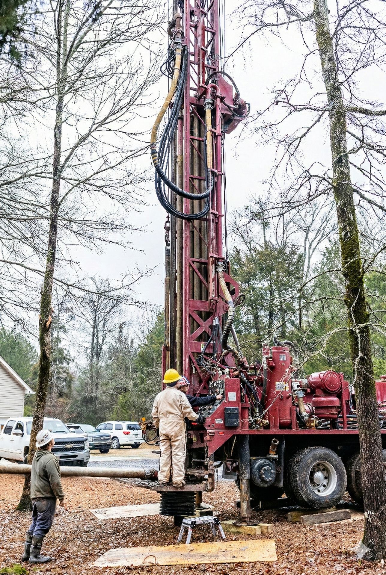 Austin Drilling crew operating drilling rig on a residential job site in South Carolina
